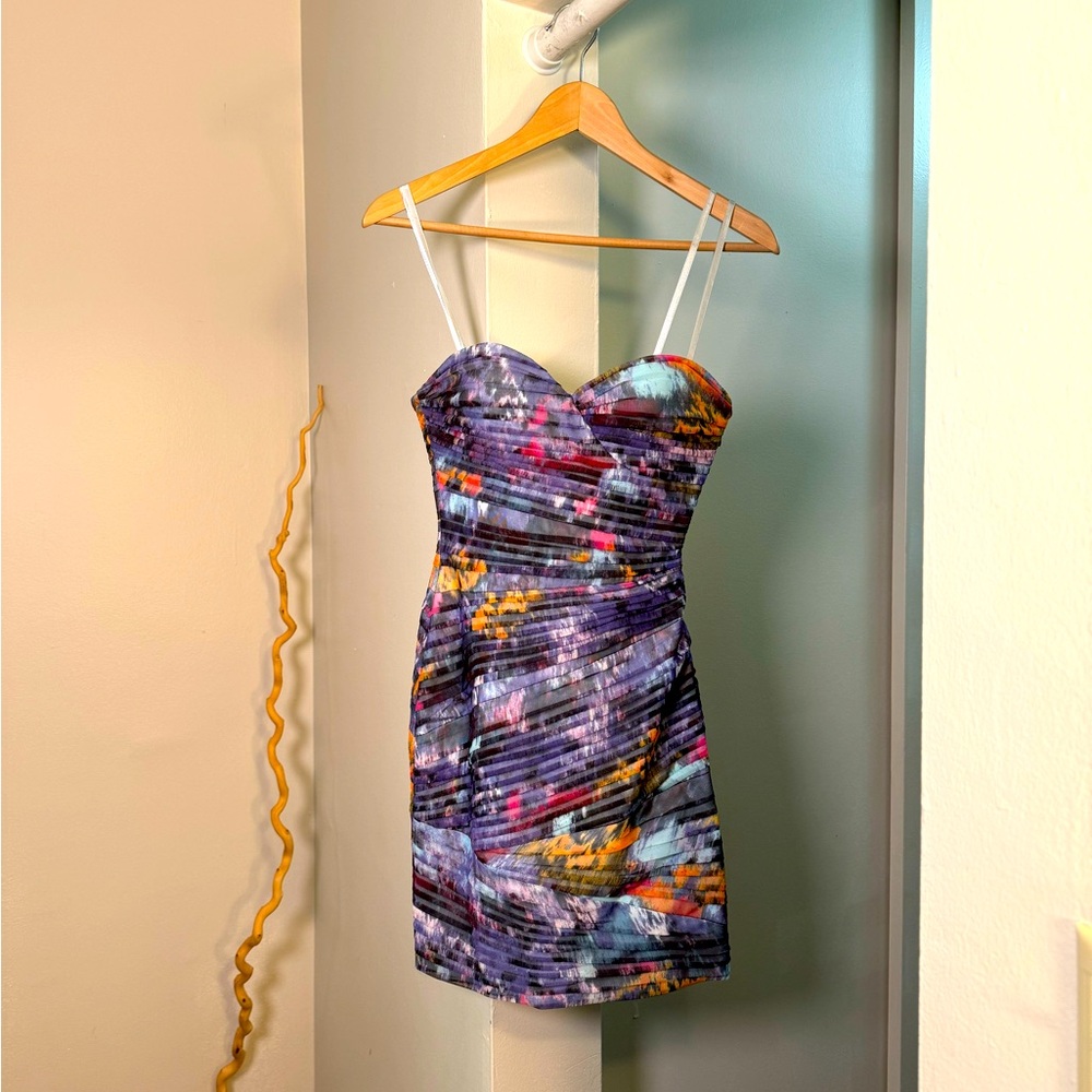 BCBG MaxAzria multi colored strapless dress with structure and support